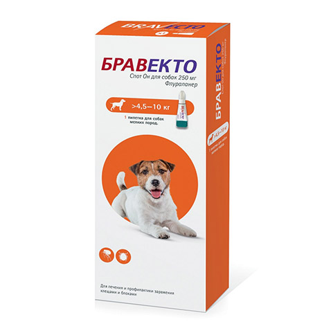 Капли "Бравекто Спот Он" 250 мг для собак мелких пород от 4,5 до 10 кг,пипетка 0,89 мл.