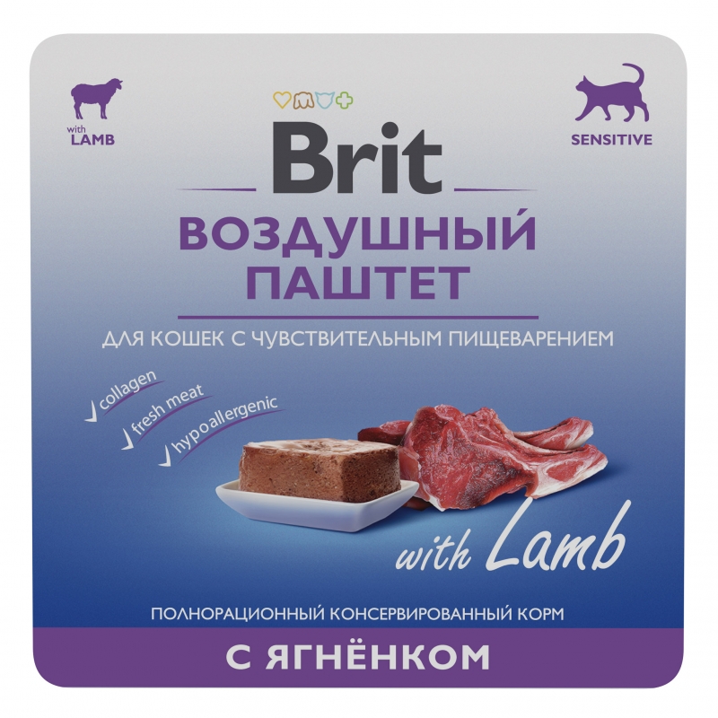Brit Premium - воздушный паштет для взрослых кошек с чувствительным пищеварением,с ягненком,100гр.