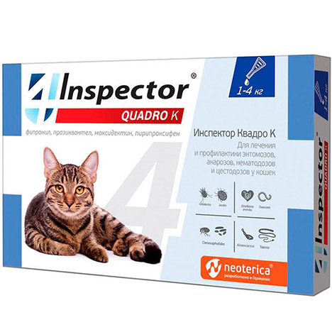 Капли "Inspector Quadro K" для кошек от 1 до 4 кг.,1 уп.,против внутренних и внешних паразитов.