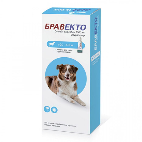 Капли "Бравекто Спот Он" 1000 мг для собак крупных пород от 20 до 40 кг,пипетка 3,57 мл.