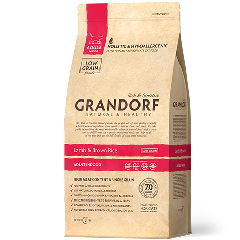 Grandorf Low Grain Adult Indoor Lamb&Brown Rice — Сухой низкозерновой корм для взрослых домашних кошек с ягненком и бурым рисом 2.00.кг.