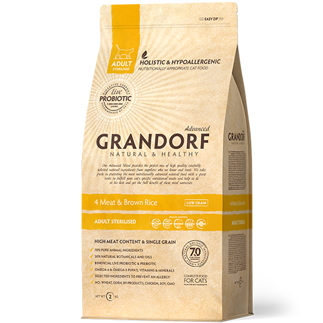 Grandorf Probiotic Low Grain Adult Sterilised 4 Meat&Brown Rice — Сухой низкозерновой корм для стерилизованных кошек с четырьмя видами мяса и бурым рисом 400гр.