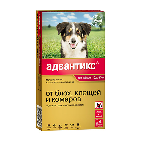 Капли от клещей и блох для собак весом от 10 до 25 кг. Адвантикс (1шт)