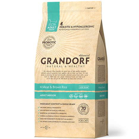 Grandorf Probiotic Adult Indoor 4 Meat&Brown Rice — Сухой корм для взрослых домашних кошек от 1-го года с четырьмя видами мяса и коричневым рисом 400гр.