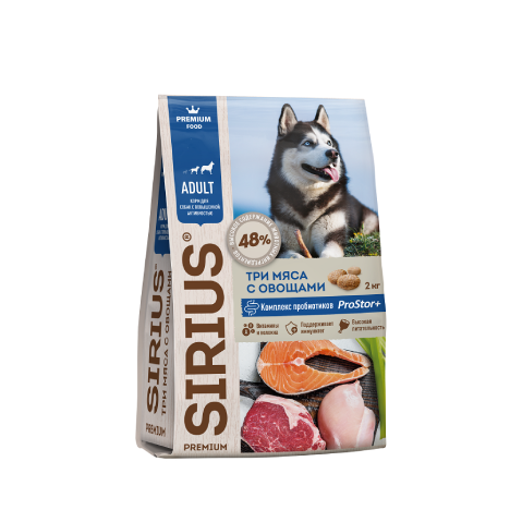 Sirius Adult сухой корм премиум класса для взрослых собак,три вида мяса,15кг.