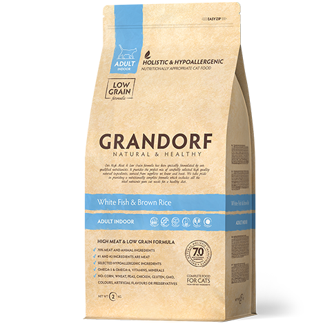Grandorf Low Grain Adult Indoor White Fish&Brown Rice — Сухой низкозерновой корм для взрослых домашних кошек от 1-го года с белой рыбой и бурым рисом 400гр.