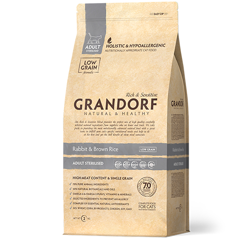 Grandorf Low Grain Adult Sterilised Rabbit&Brown Rice — Сухой низкозерновой корм для стерилизованных кошек с кроликом и бурым рисом 2.00.кг.