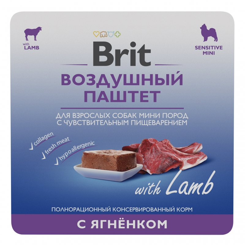 Brit Premium - воздушный паштет для взрослых собак мини пород с чувствительным пищеварением,с ягненком,100гр.