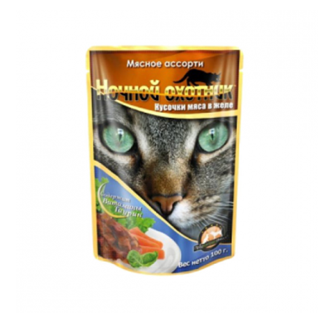 Консервы для кошек (мясное ассорти в желе) «Ночной охотник» (100 гр)