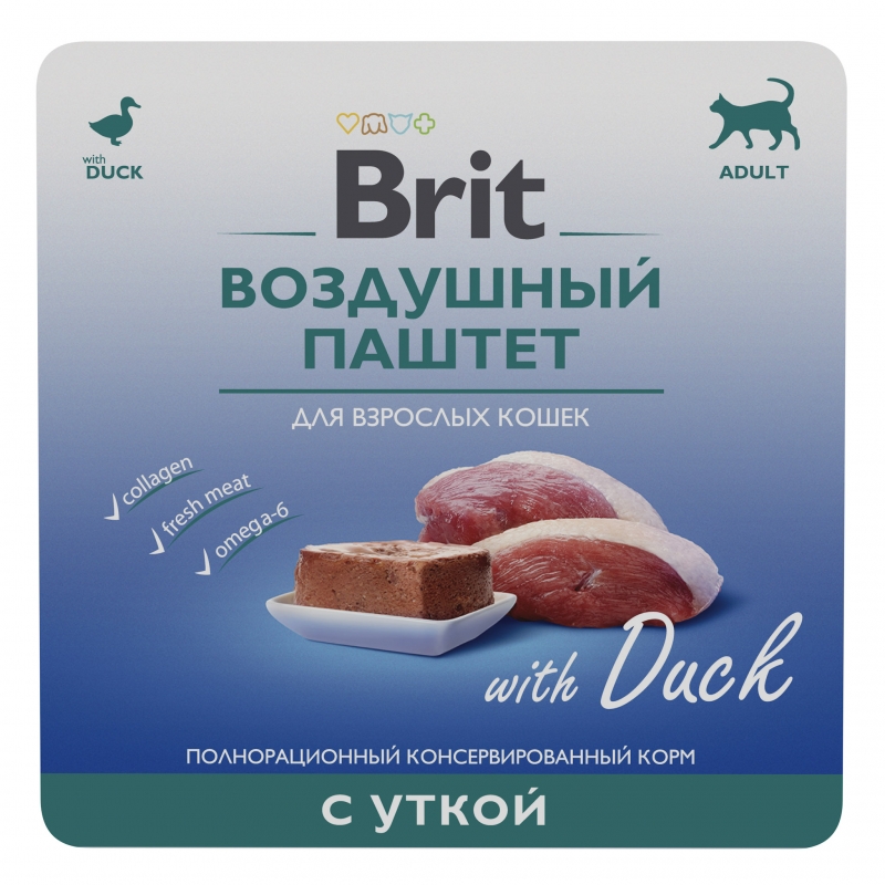 Brit Premium - воздушный паштет для взрослых кошек,с уткой,100гр.