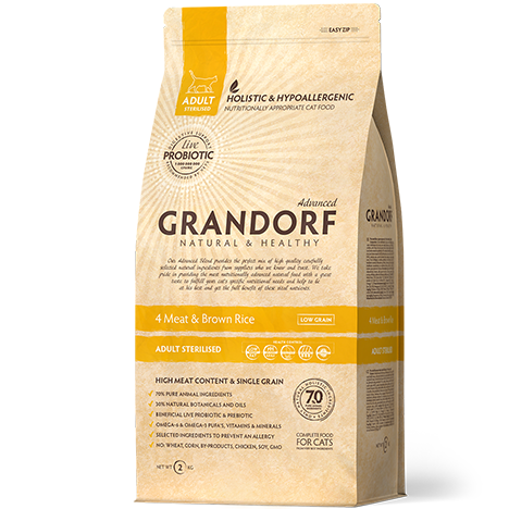Grandorf Probiotic Low Grain Adult Sterilised 4 Meat&Brown Rice — Сухой низкозерновой корм для стерилизованных кошек с четырьмя видами мяса и бурым рисом 2.00.кг.