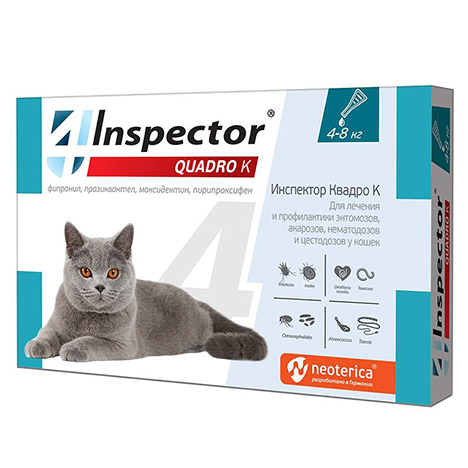 Капли "Inspector Quadro K" для кошек весом от 4 до 8 кг.,1 уп.,против внутренних и внешних паразитов.