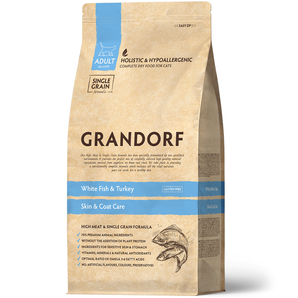 Grandorf Low Grain Adult Indoor White Fish&Turkey — Сухой низкозерновой корм для взрослых домашних кошек от 1-го года с белой рыбой и индейкой,400гр.