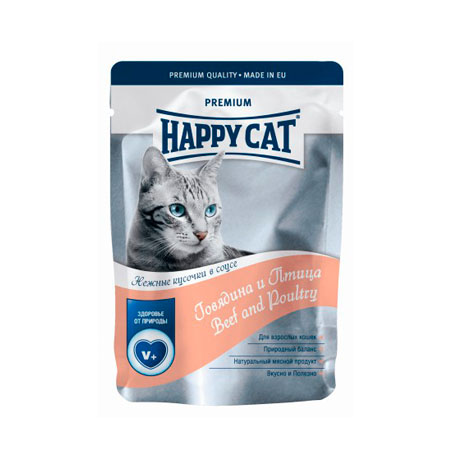 Влажный корм для кошек (говядина, птица в соусе) Happy Cat (0,1 кг)