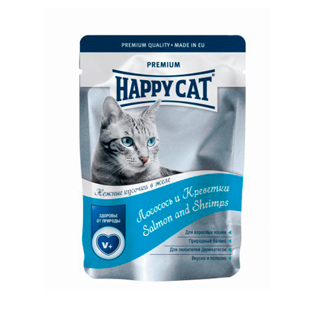 Влажный корм для кошек (лосось, креветки в желе) Happy Cat (0,1 кг)
