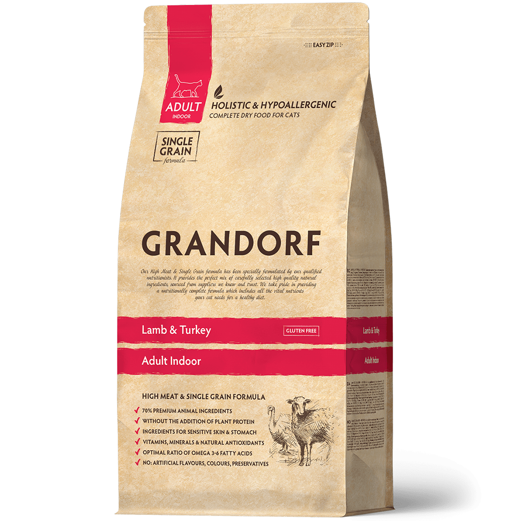 Grandorf Low Grain Adult Indoor Lamb&Turkey — Сухой низкозерновой корм для взрослых домашних кошек с ягненком и индейкой,2кг.