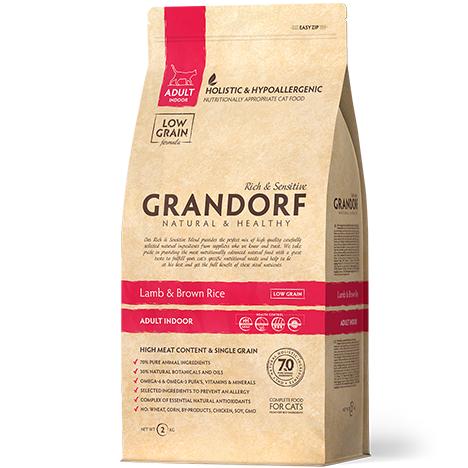 Grandorf Low Grain Adult Indoor Lamb&Brown Rice — Сухой низкозерновой корм для взрослых домашних кошек с ягненком и бурым рисом 400гр.