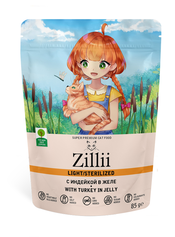 Zillii Adult Cat Light/Sterilized with Turkey - влажный корм для взрослых стерилизованных кошек,индейка в желе,85гр.