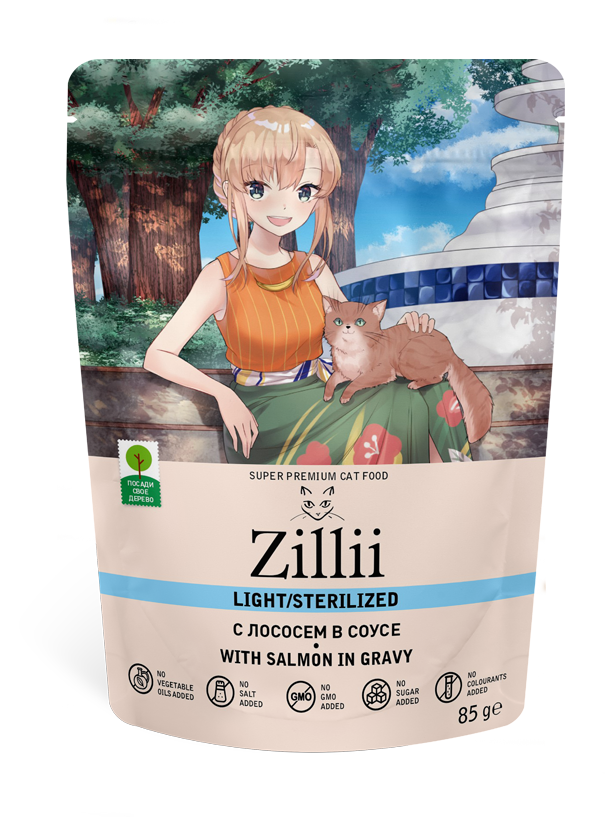 Zillii Adult Cat Light/Sterilized with Salmon - влажный корм для взрослых стерилизованных кошек,лосось в соусе,85гр.
