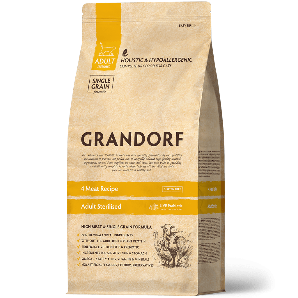 Grandorf Probiotic Low Grain Adult Sterilised 4 Meat Recipe — Сухой низкозерновой корм для стерилизованных кошек с четырьмя видами мяса,2кг.