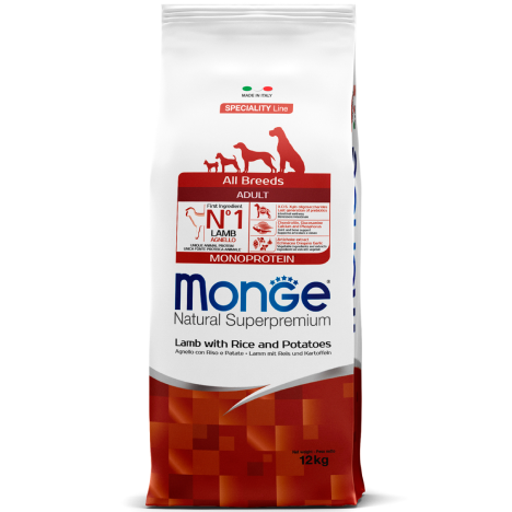 Monge Dog Monoprotein Adult  All Breeds сухой корм для взрослых собак всех пород,ягненок с рисом,12кг.